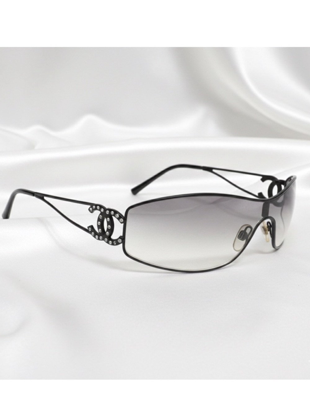 CHANEL Black Gradient Shield Sunglasses with Crystal CC Emblems